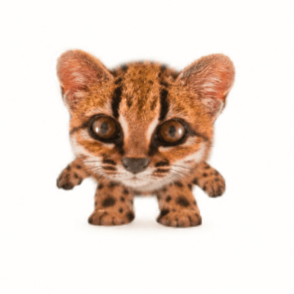 Tiny spotted wild cat with large watchful eyes